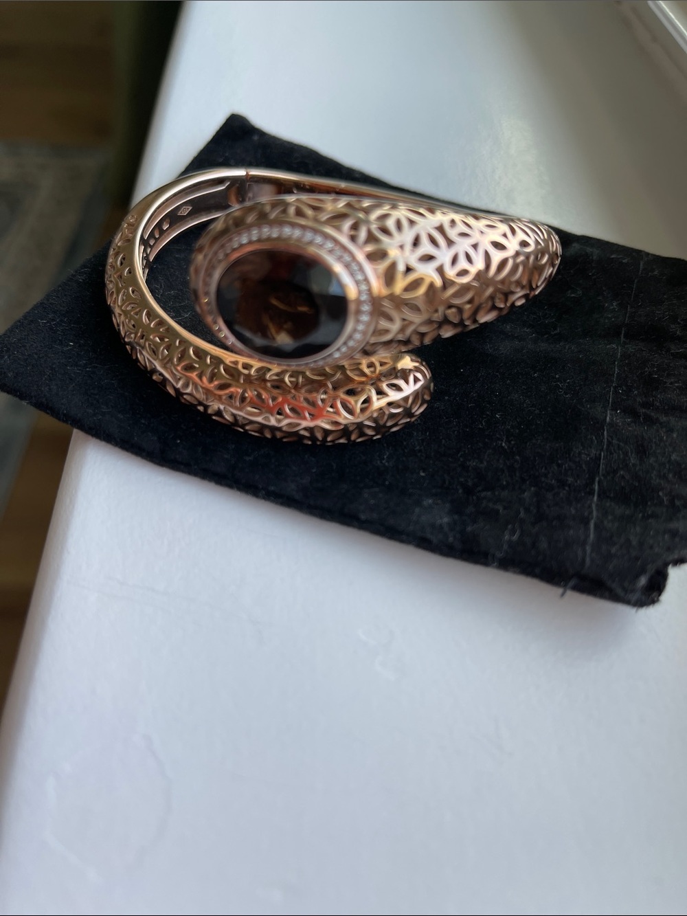 Rose Gold Filigree Cuff Bracelet with Smoky Gem Accent